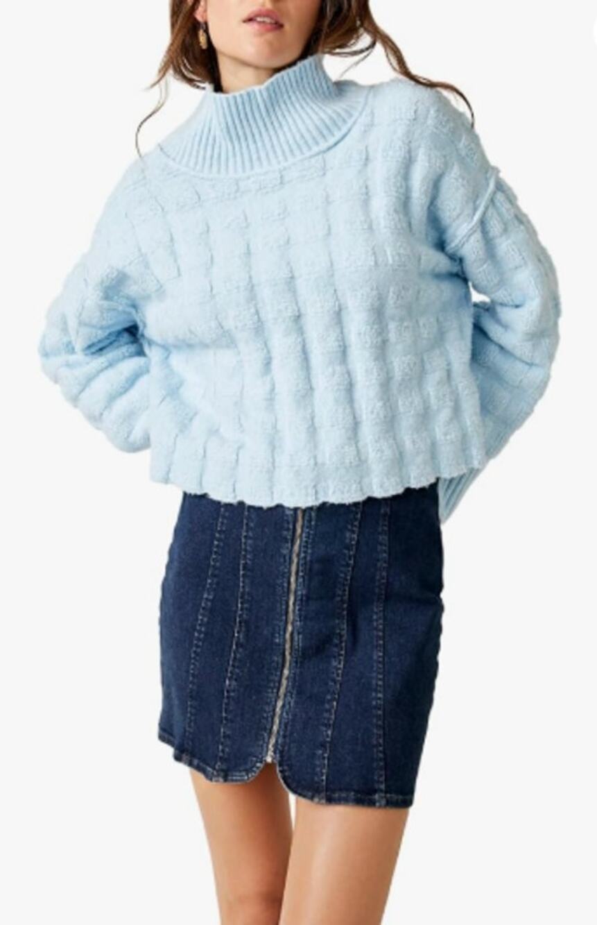 Free People Care FP Soul Searcher Light Blue Mock Neck Sweater Women's Sz XL NWT